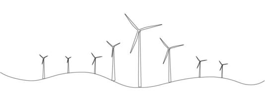 Windmill, wind energy, the only one in one continuous line. Wind alternative energy. Hilly terrain with generating wind turbines. line illustration. vector