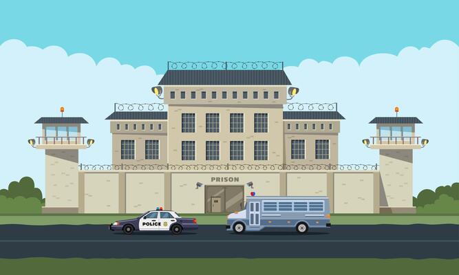 The city prison building with two guard towers on a high fence with barbed wire, a bus for transporting prisoners and an escort vehicle.