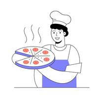 Pizza maker holding pizza in hand. Linear style illustration. vector