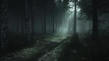 Ethereal Forest Path Mist and Shadow in the Whispering Woods photo