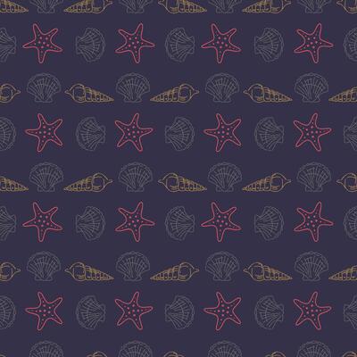 Seamless nautical pattern with seashells and starfish in red and beige line art on dark blue background. Elegant marine design for fabric, wrapping paper, summer decoration and ocean-themed projects.