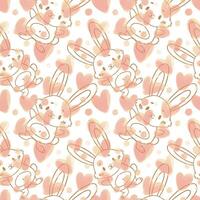 This seamless pattern features adorable hand-drawn line art bunnies with soft watercolor-style hearts and dots in pastel tones. The sketchy, whimsical style gives it a gentle vector
