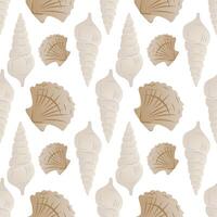 Seamless pattern with hand drawn seashells on white background. Beach themed marine design for summer textile, wrapping paper, kids products, ocean decor and nautical surface prints. vector