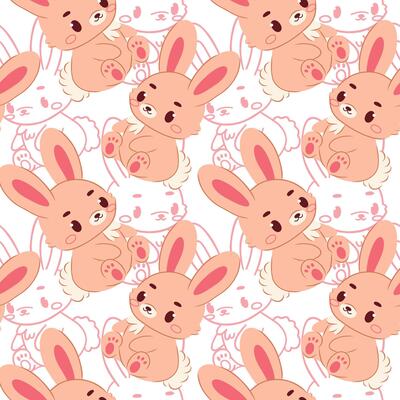 Seamless cute bunny pattern pink baby rabbit with fluffy tail in color and line art style, perfect for kids fabric, nursery decor, wrapping paper, baby shower designs, and Easter projects