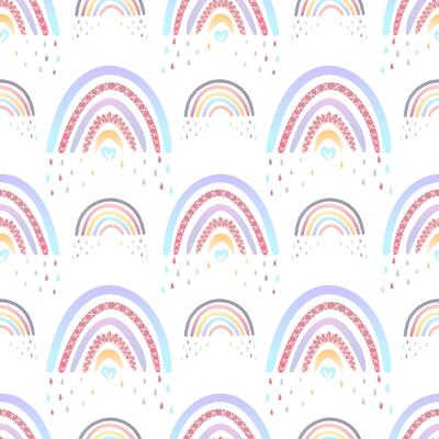 Pattern of two hand-drawn rainbow illustrations in soft pastel colors. One rainbow features warm pink and violet tones with cute heart and scallop details, while the other has blue and pink accents