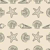 Seamless summer pattern with hand drawn seashells, starfish and marine elements on beige background. Nautical linear design for kids textile, wrapping paper, wallpaper, scrapbooking, beach style. vector