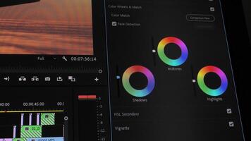 editing interface showing color wheels and timeline, Close-up of editing software screen with color tools and media timeline video