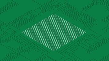 Isometric electronic board animation with USA flag. Isometric printed circuit board with electronic components. Electronic components and integrated circuit board. 4K animation, video