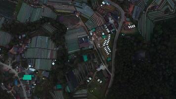 Aerial drone footage of agricultural fields in Doi Inthanon with winding roads, green-roofed structures, and rows of crops under shade cloths, showcasing rural farming activity amidst lush greenery video