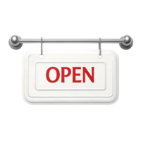 .A white sign with the word OPEN in red lettering is hanging from a silver chain on Transparent Background png