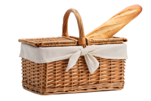 Wicker basket with baguette placed on top ready for a picnic in the park png