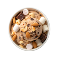 Delicious dessert bowl filled with ice cream and various toppings png