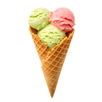 Three colorful scoops of ice cream in a waffle cone ready to enjoy png