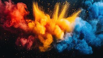 Chromatic Powder Explosion Vivid Hues and Dynamic Particle Scatter on Dark Backdrop photo