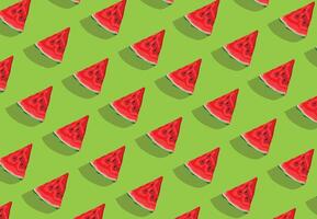 Colorful fruit pattern of fresh watermelon slices on green background. Top view vector