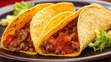 Tempting Trio Delicious Tacos with Ground Meat and Fresh Salsa on a Black Plate Garnished with Green Lettuce photo