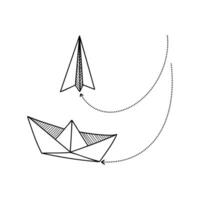 Paper airplane and paper boat soaring in an abstract design, illustrating creativity and imagination in a minimalist style vector