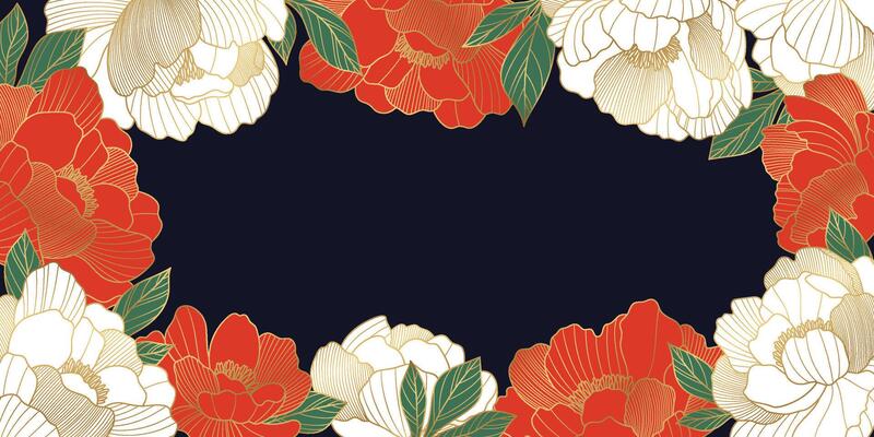 Chinese luxury frame with oriental peony flowers and leaves. Asian background of gold lines art texture. Design illustration for wallpaper, card, poster, packaging, advertising.