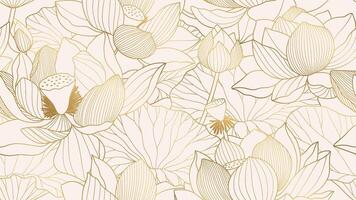 Chinese seamless pattern with lotuses. Gold line drawing of lotus flowers and leaves on a light background. Minimalist oriental design, perfect for luxury prints, patterns, or backgrounds vector