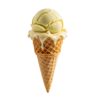 Creamy yellow durian ice cream scoop atop crispy cone, dripping with smooth glaze, evokes sense of indulgence and delight. Perfect for warm days and sweet cravings. png