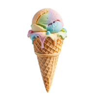 Colorful rainbow ice cream cone with multiple flavors, featuring pastel shades of pink, green, and blue. melting ice cream drips down waffle cone, creating delightful and tempting treat. png