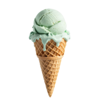 Creamy green mint ice cream in waffle cone, melting slightly, evokes refreshing and delightful treat perfect for warm days. Enjoy sweet, cool flavor that brings joy to every bite. png