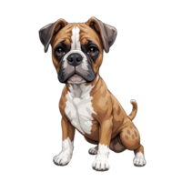 cute illustration of brown and white boxer dog sitting with curious and friendly expression, showcasing its distinctive markings and floppy ears. png
