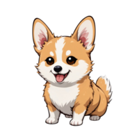 cute and cheerful cartoon corgi with fluffy tail and big, expressive eyes, sitting happily. illustration features vibrant colors and playful, friendly vibe. png