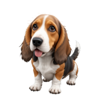 Adorable basset hound puppy with floppy ears and tricolor coat sitting and looking up with playful expression, isolated on transparency background. png