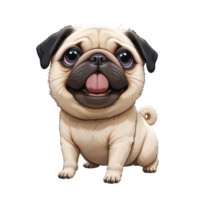 Adorable cartoon pug with big expressive eyes, curly tail, and joyful expression, sitting on transparency background. illustration captures charm and playfulness of breed. png