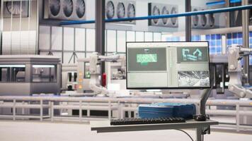 Monitor in industry 4.0 smart industrial plant equipped with advanced sensors used to check production equipment performance. Robotics software on screen in smart factory used to collect data video