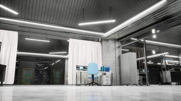 Futuristic lab workspace desk with PC monitors, modern LED lighting and sleek industrial architecture, 3D rendering. Sterile medical lab designed for diagnostics analysis, trucking right shot video