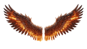Majestic wings with fiery glow create stunning visual against transparent background, evoking sense of power and beauty. These wings symbolize freedom and strength. png