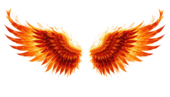 Fiery wings with vibrant orange and red feathers create stunning visual against transparent background, evoking sense of freedom and power. png