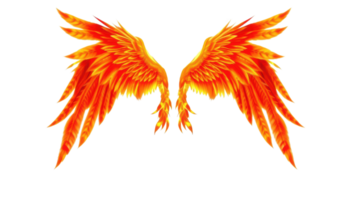 Fiery wings with vibrant orange and yellow feathers create stunning visual against transparent background, evoking sense of freedom and power. png