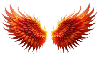 Majestic wings with vibrant orange and red feathers create stunning visual against transparent background, symbolizing freedom and beauty. intricate details of each feather enhance overall allure. png