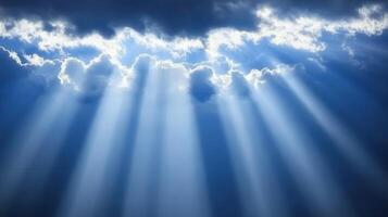 Rays of Hope Sunlight Piercing Through Clouds in a Serene Dreamlike Sky Atmosphere photo