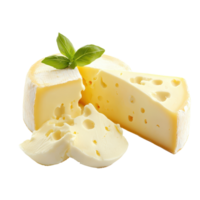 Delicious wedge of cheese with fresh basil leaf placed on top showcasing its creamy texture and holes png