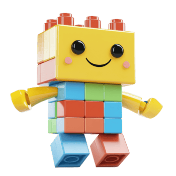 Colorful building block figure smiling and ready for playtime in a bright, fun setting with a playful design png