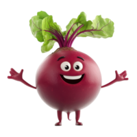 Smiling cartoon radish character with green leaves and happy expression holding hands up in a playful pose png