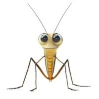 Close-up view of a cartoon grasshopper with large eyes and detailed features on a plain background png