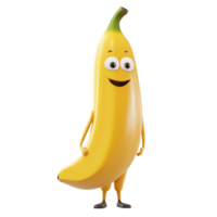 Yellow banana character with a smile standing confidently in an animated style against a simple background png
