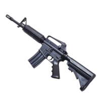 Detailed view of a modern rifle placed on a flat surface in a controlled lighting environment png