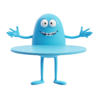 Bright blue character with arms outstretched stands on a round table in a cheerful setting, inviting interaction and fun png