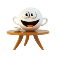 Unique smiling coffee cup character sitting on a wooden table with a small saucer in a modern setting png
