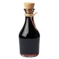 Dark liquid in a glass bottle with cork stopper and twine detail displayed on plain background png