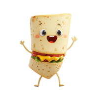 Happy cartoon tortilla character dancing with a cheerful expression and colorful toppings in a vibrant design png