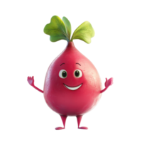 Cheerful cartoon radish character with vibrant colors and playful expression in a whimsical setting png