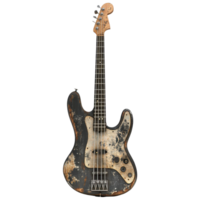 Vintage electric bass guitar with a distressed finish displayed in a studio setting during the afternoon png