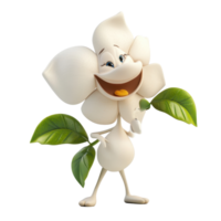 Smiling animated flower character with leaves in a joyful pose on a plain background png